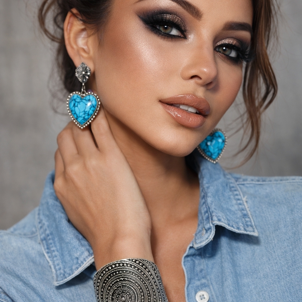 Turquoise Color Heart Earrings & Statement Silver Cuff